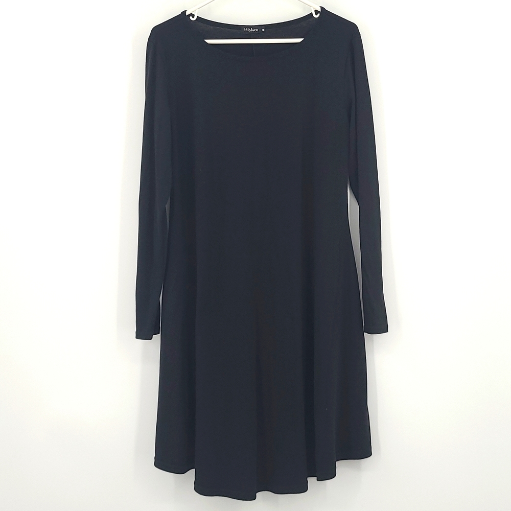 Hibluco Medium Black crewneck long sleeve aline midi dress with pockets warm